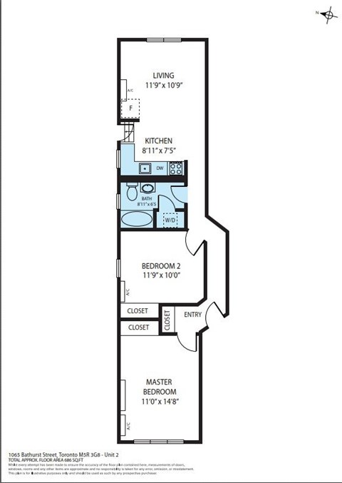 Floor plan for 2 beds, 1 bath, 724 sqft